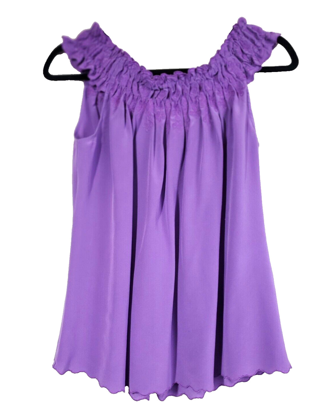 Tahari Womens XS 100% Silk Top Purple Embroidered Gathered Neckline Pleated Back