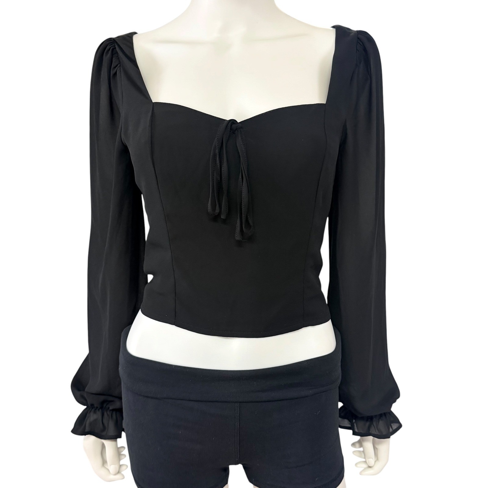 Sheer Puff Sleeve Smocked Tie Front Crop Top Y2K Soft Girl Coquette Whimsigoth S
