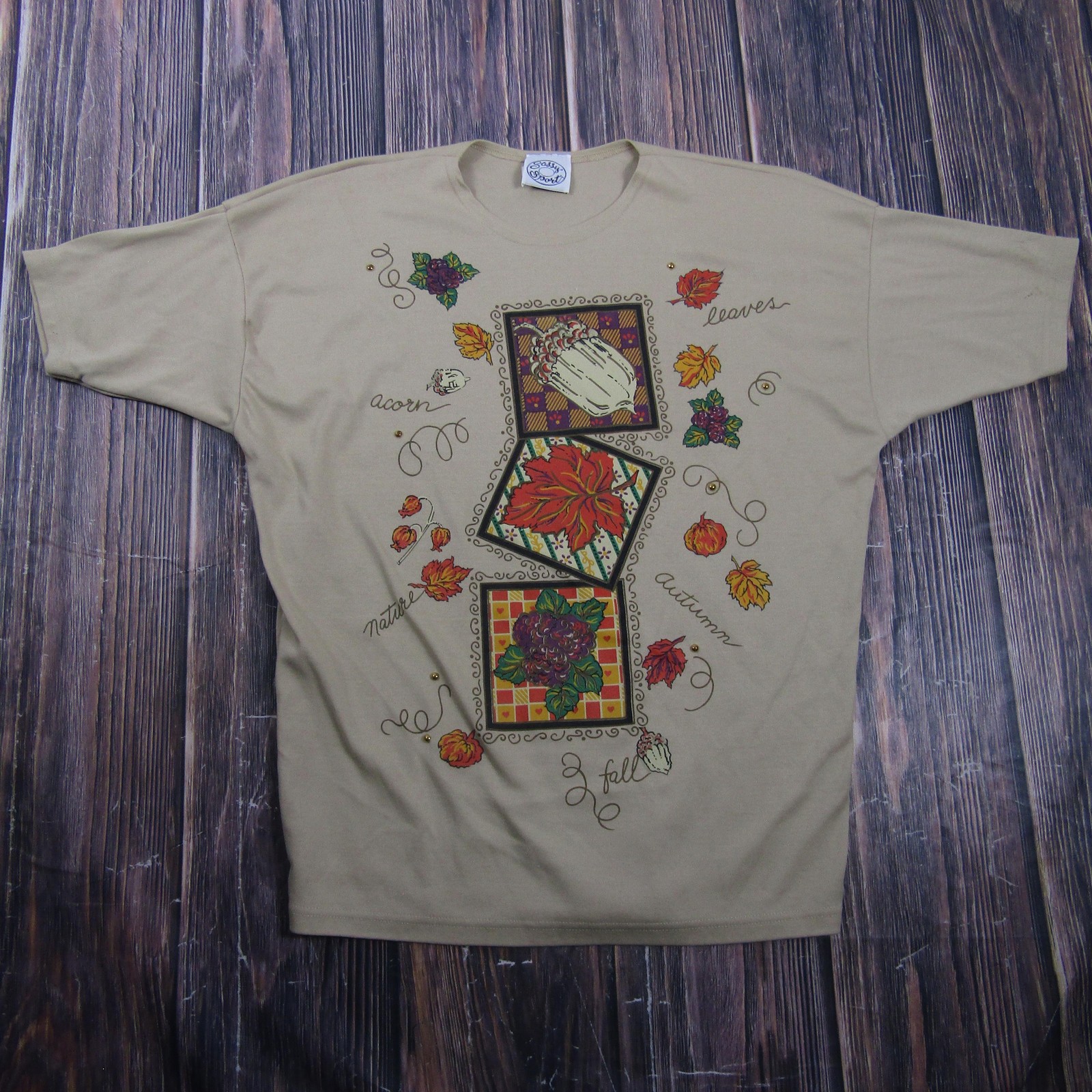Sassy Sport T-Shirt Womens 2XL Beige Studded Floral Vintage 90s Granny Core