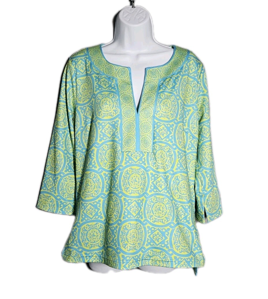 Gretchen Scott Coastal Blue Green Tunic Boho Beachy Top Size Large 3/4 Sleve