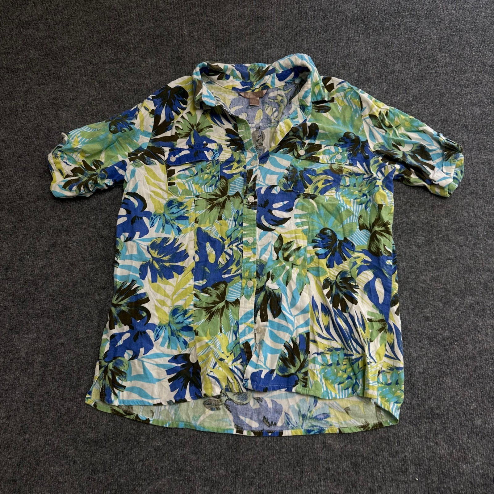 White Stag Button Down Womens Size L Linen Blend Blue Green Tropical Leaf Print