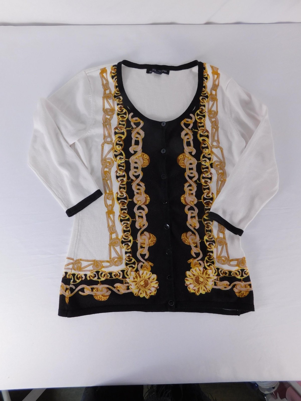 Boston Proper Button-Up Womens S White Black Gold Chain Print 3/4 Sleeve