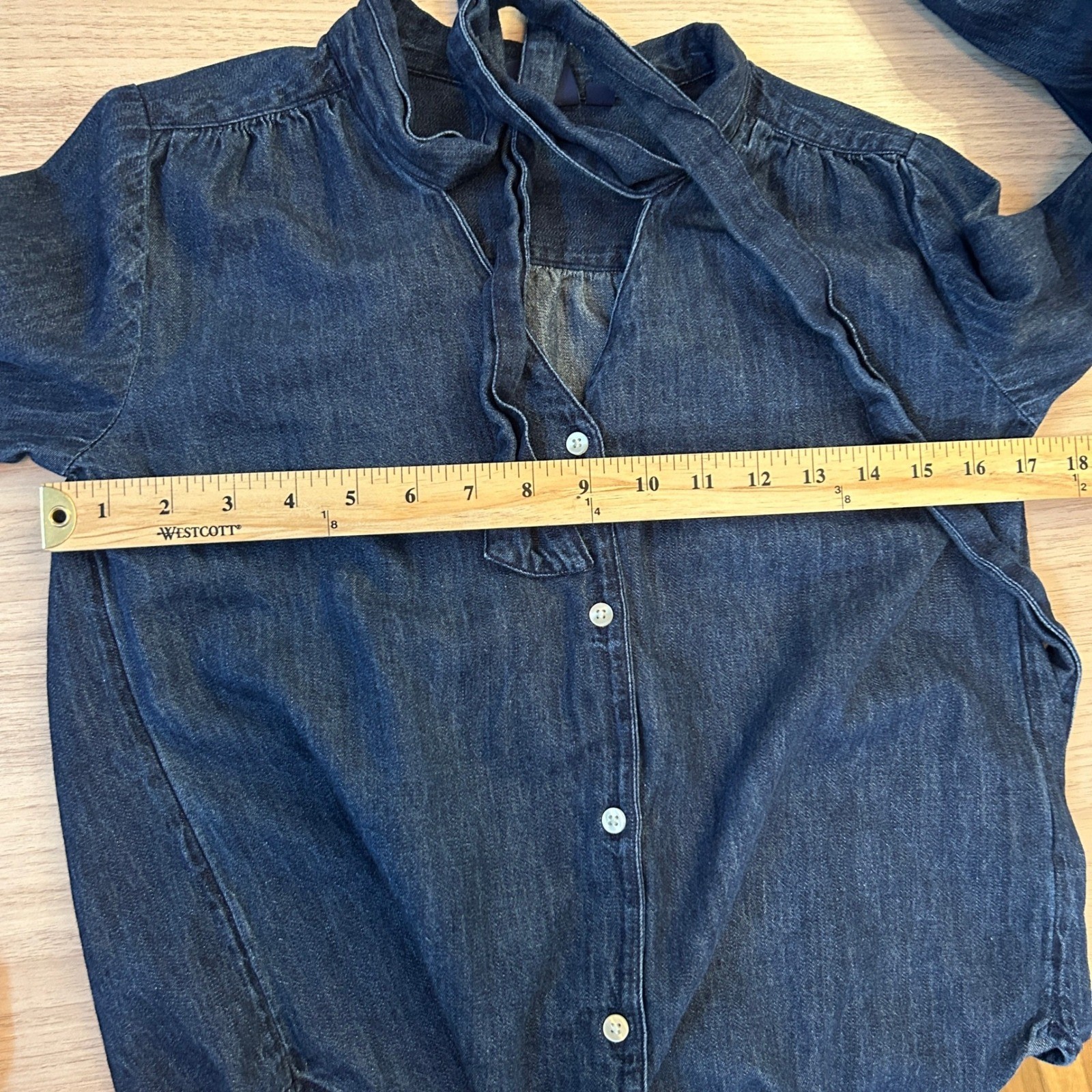 Gap Tailored Dark Wash Denim Tie Neck Blouse XXS Minimalist Career Classic