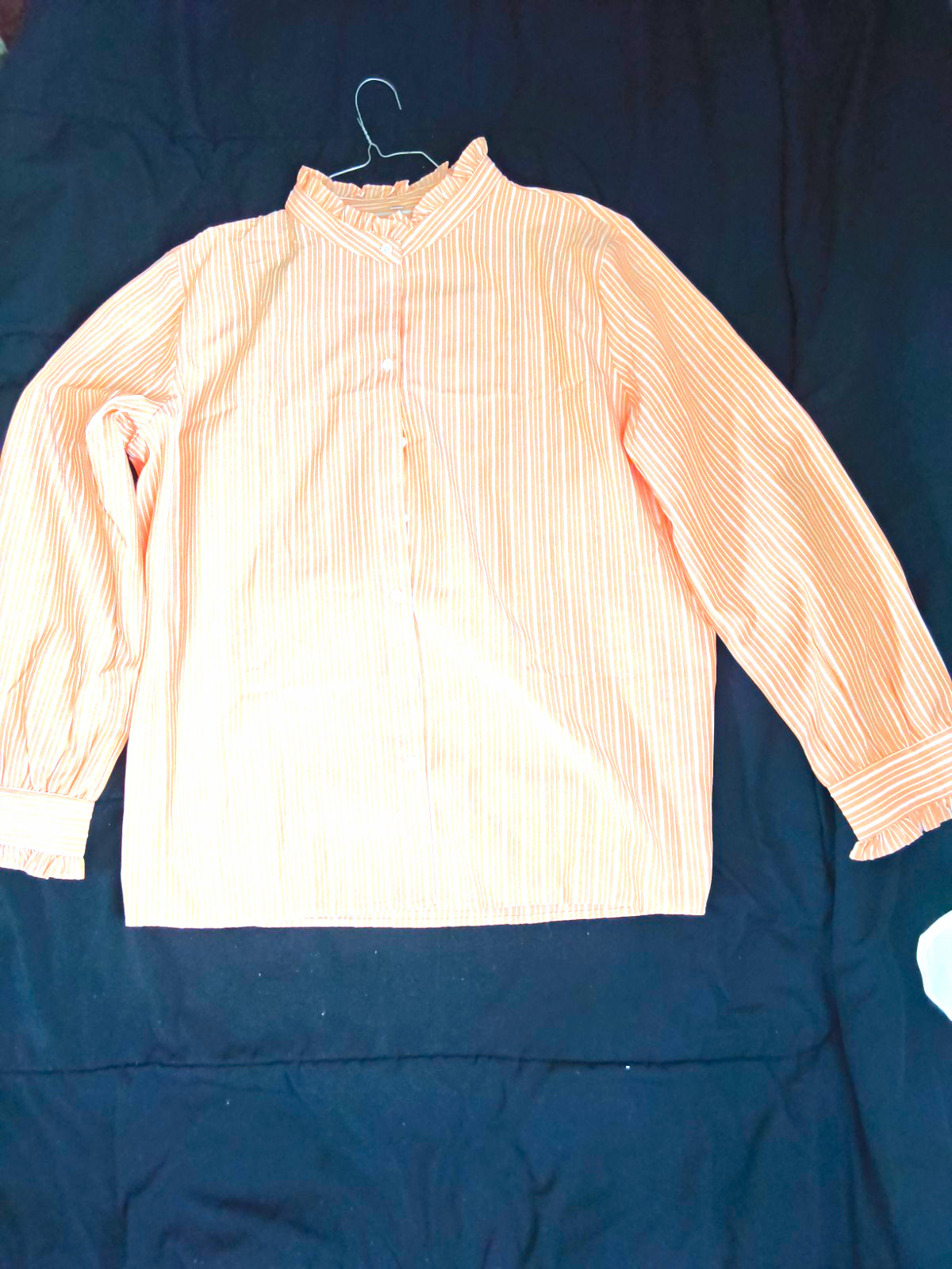 Women’s Peach/White Striped Blouse 2XL Long Sleeve Button Front Ruffle Collar