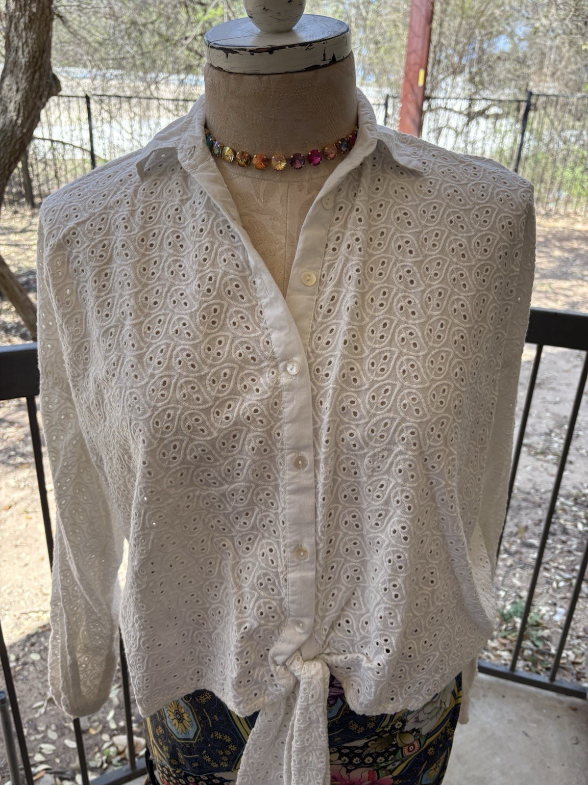 NWOT JADED GYPSY White Patch Eyelet Mix it Up Button Up Long Sleeve Top L/XL