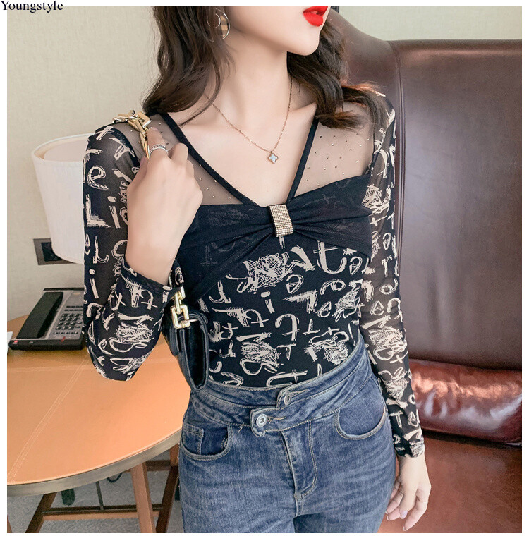 Sexy Korean Women Mesh Rhinestone Slim Casual Party Cocktail Tops Blouse Shirts