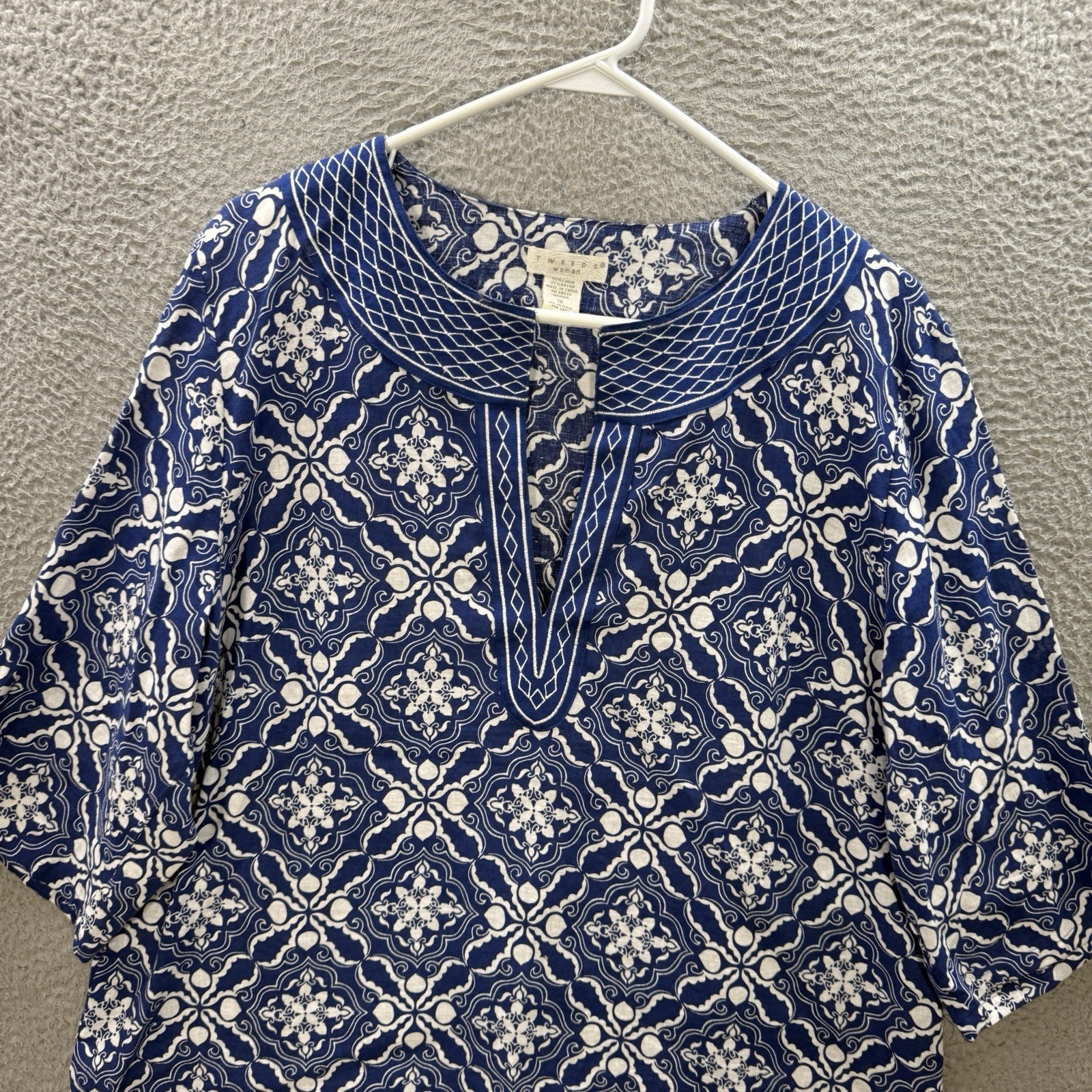 Tweeds Shirt Womens 1X Blue White Geometric Embroidered Linen Blend Coastal