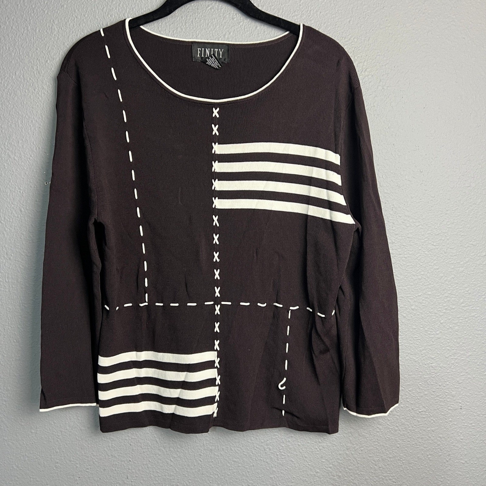 FINITY Black White Graphic Geometric Striped Long Sleeve Knit Top Women’s Size L