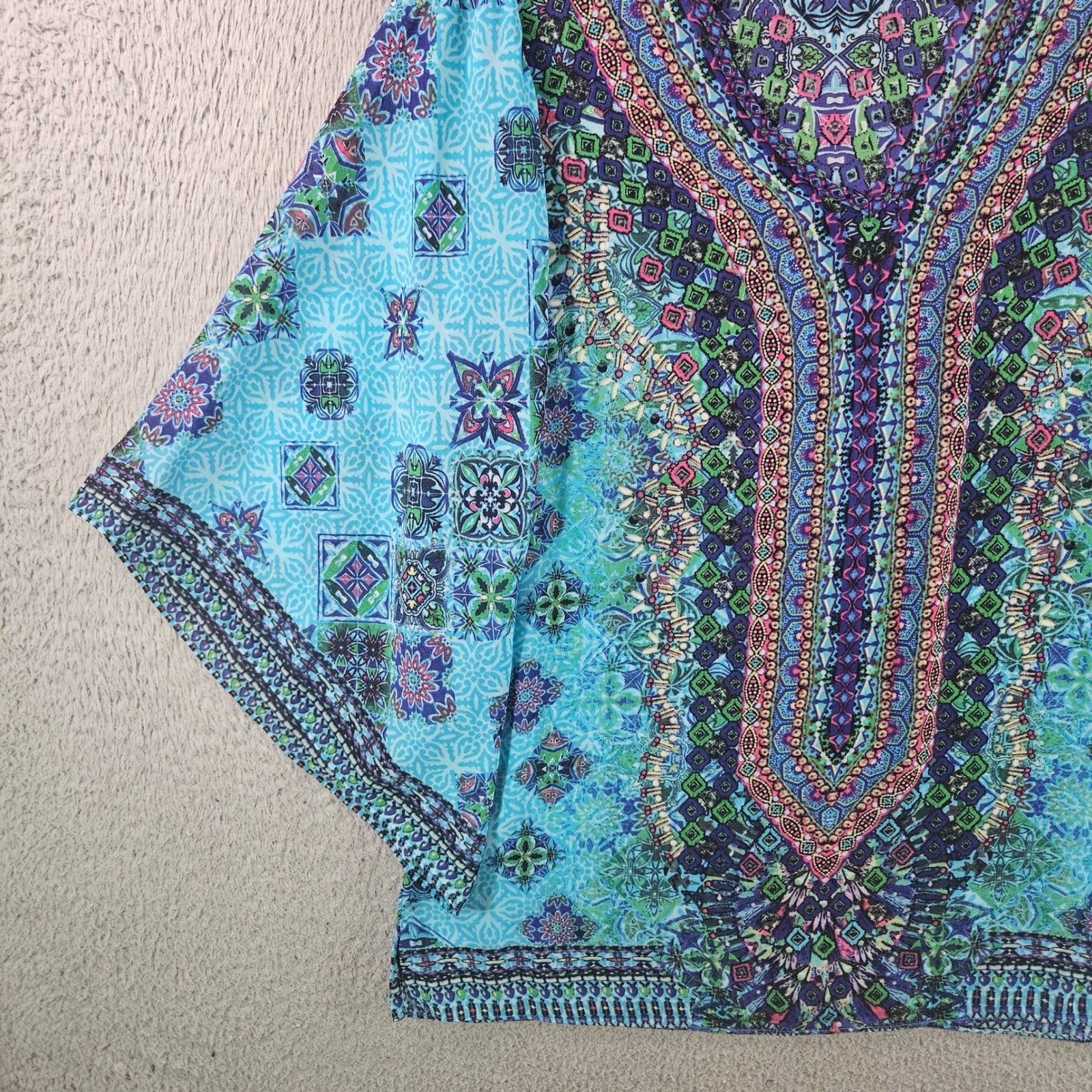 Belle by Kim Gravel Womens XXS Blue Mosaic Print Kimono Sleeve V-Neck Blouse