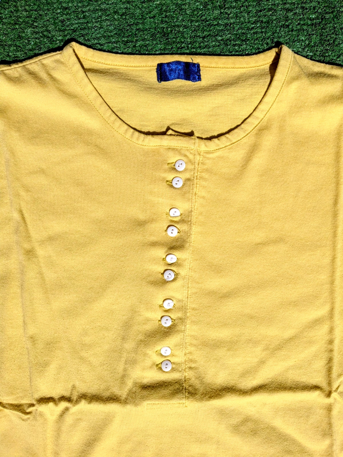 Korean Women’s Small Mustard Henley 10-Button Placket Normcore Shirt Top GUC