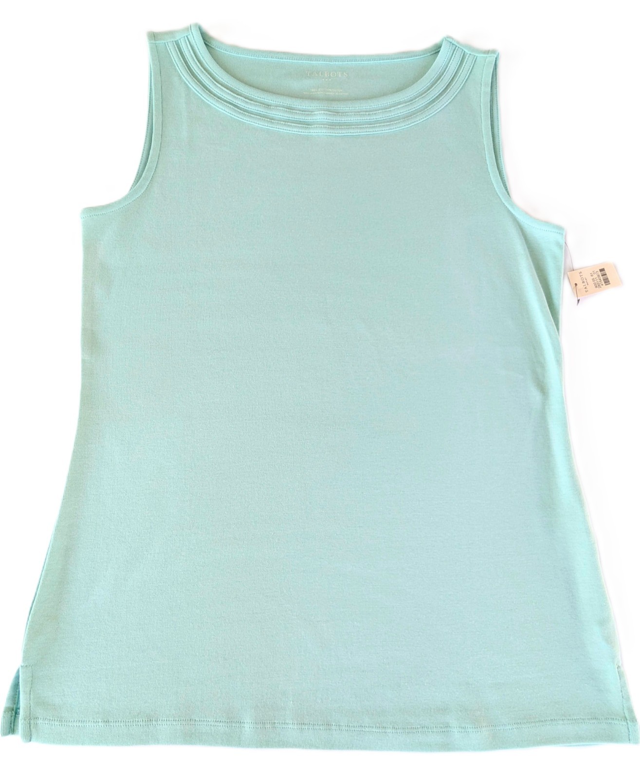 TALBOTS S Seafoam Green Layered Ribbed Bateau Neck COTTON Slvless Shell Top NWT