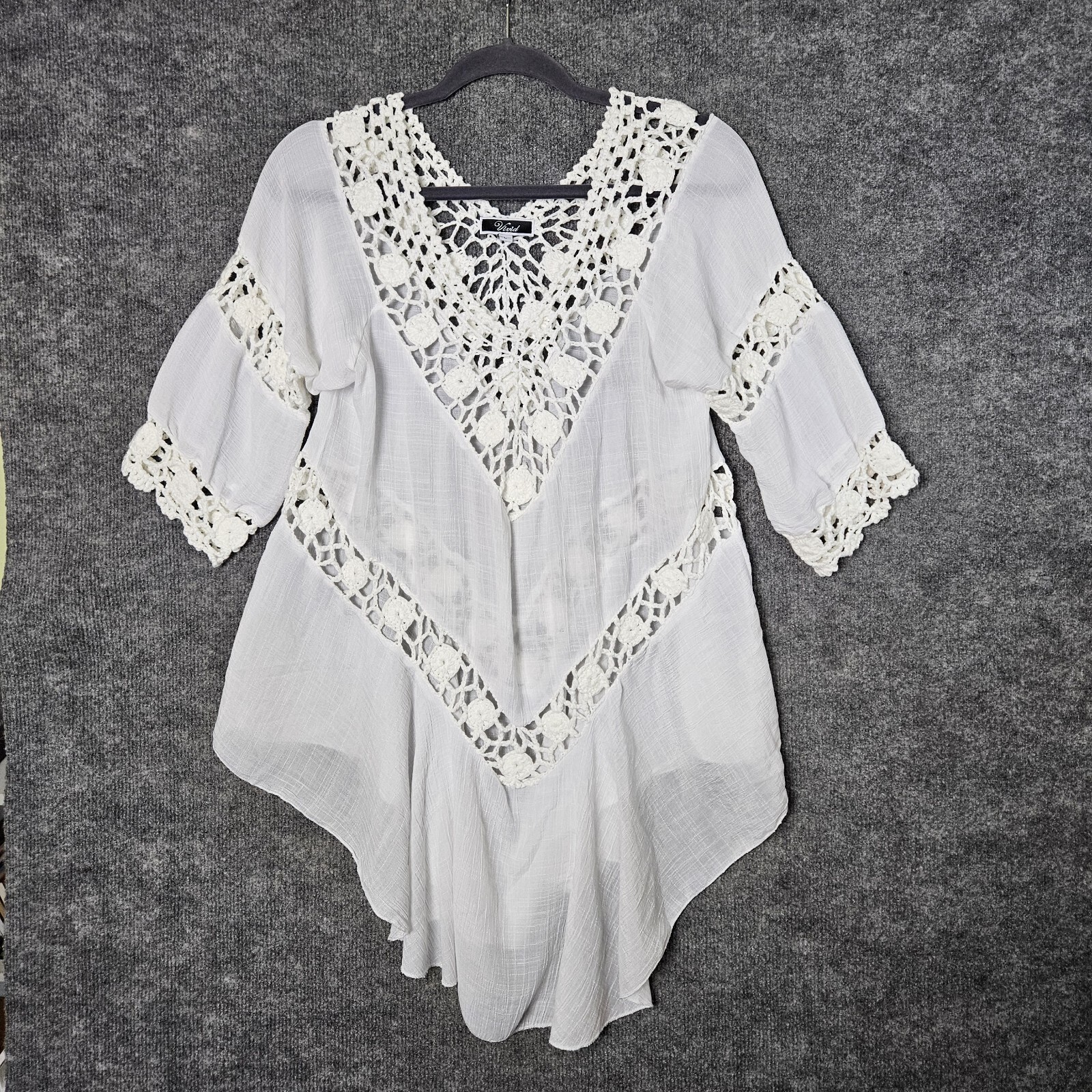 Vivid Top Womans L White Gauzy Tunic Crochet Trim Romantic Cottage