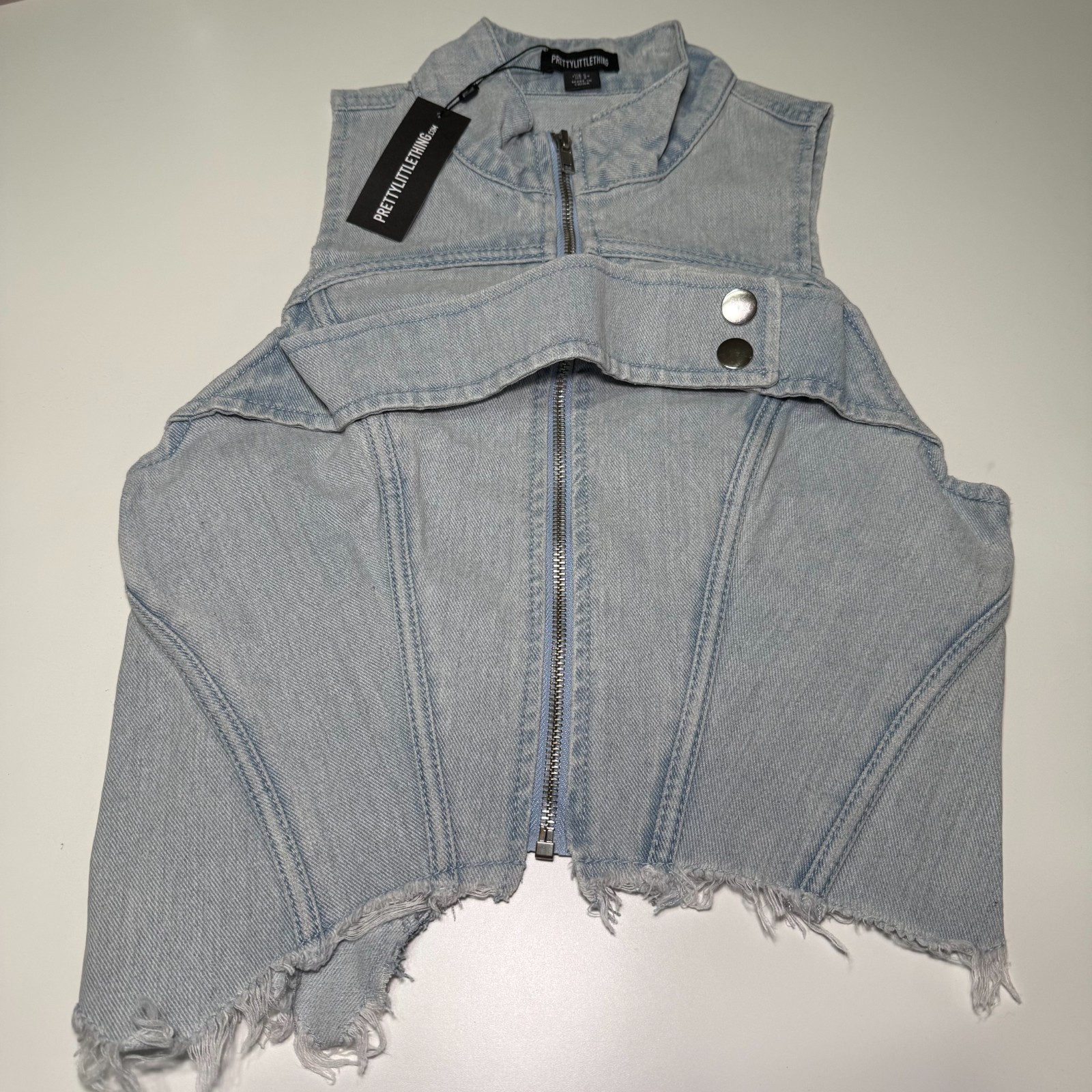 NWT PLT Bleach Wash Tab Detail Zip Through Denim Crop Top Size 2