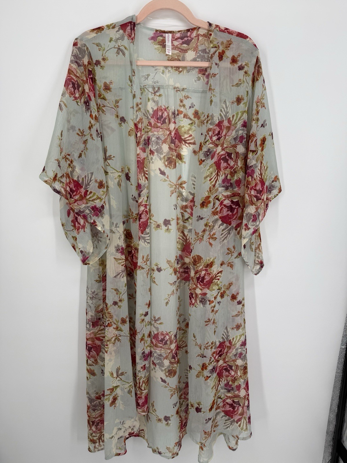 Sheer Floral Kimono Robe Long Duster Open Front Festival Sage Pink Whimsygoth S