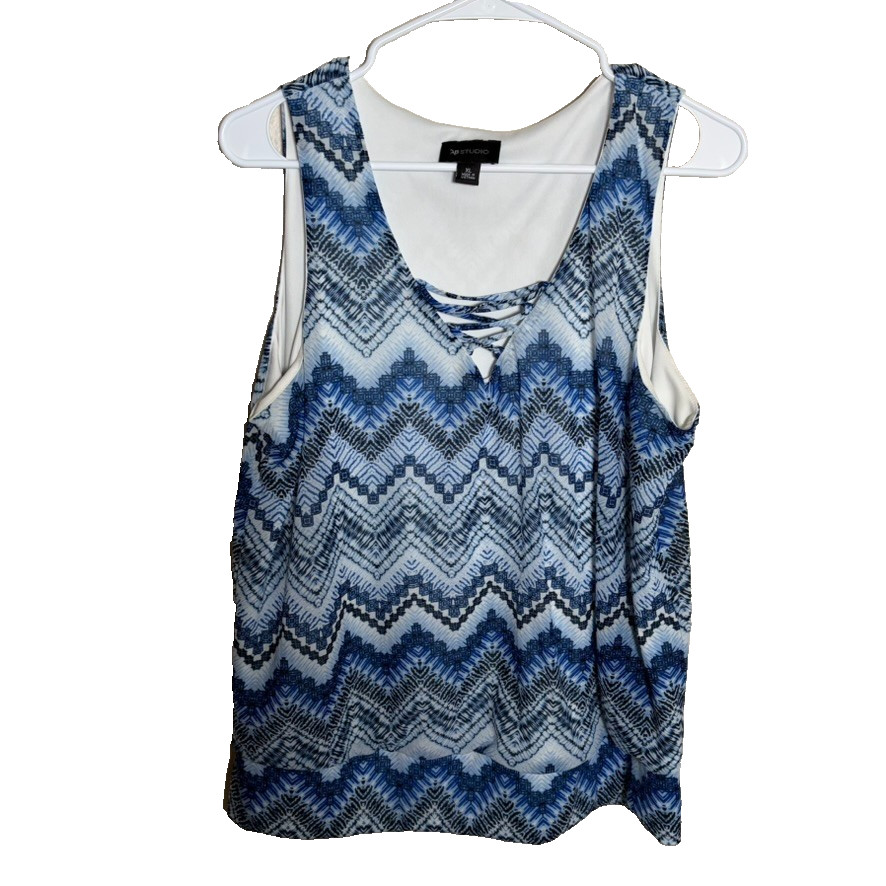 AB Studio Tank Top Women’s XL V-Neck Printed Sleeveless Lined Casual Blue