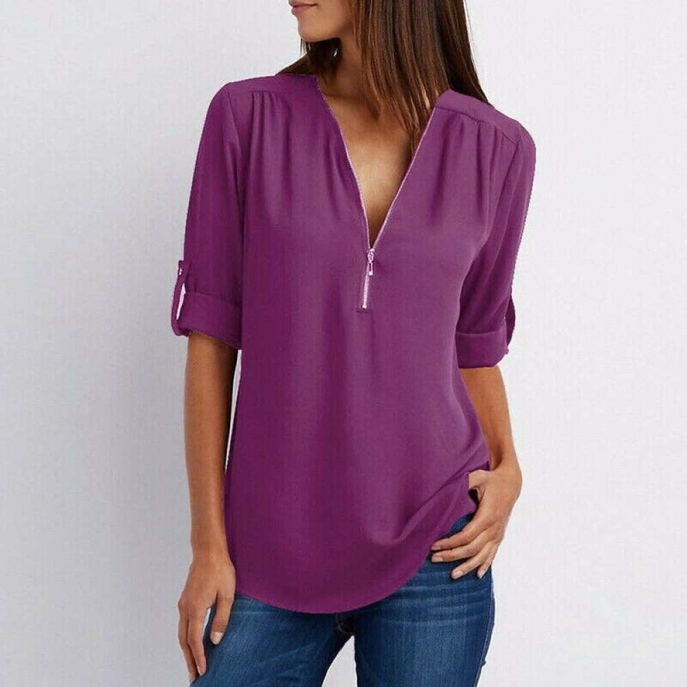 Women’s V-Neck Zipper Shirt Long Sleeve Loose Chiffon Basic Solid Tops Blouse