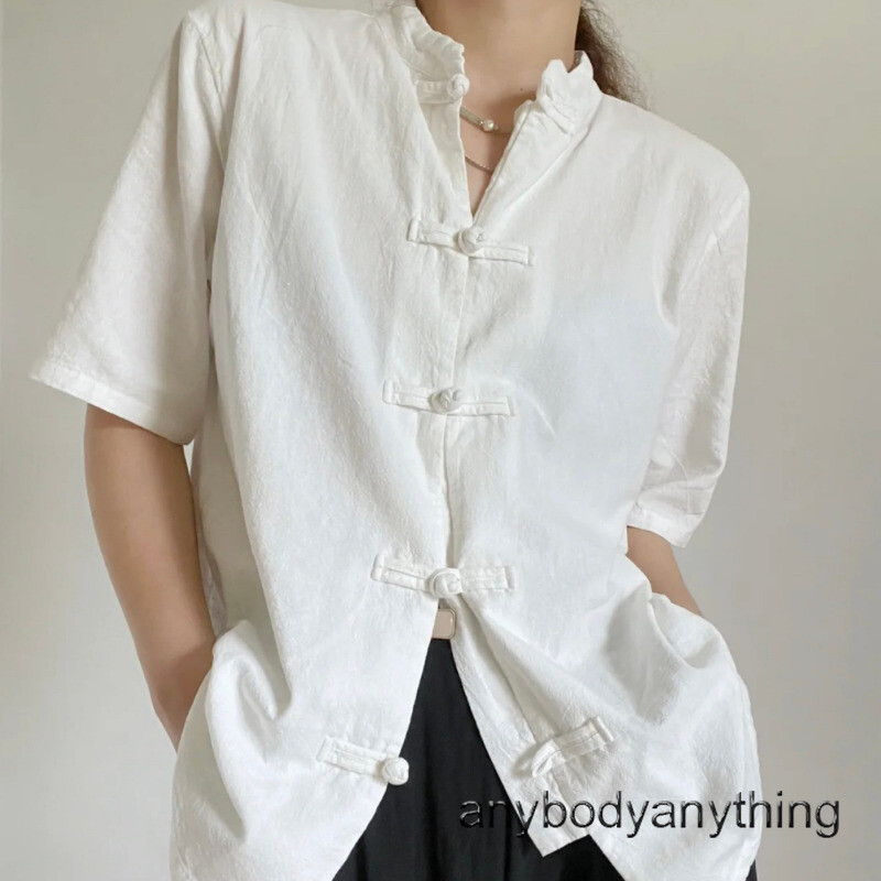 Lady Retro Chinese Frog Button Hanfu Shirt Ethnic Tai Chi Top Short Sleeve Basic