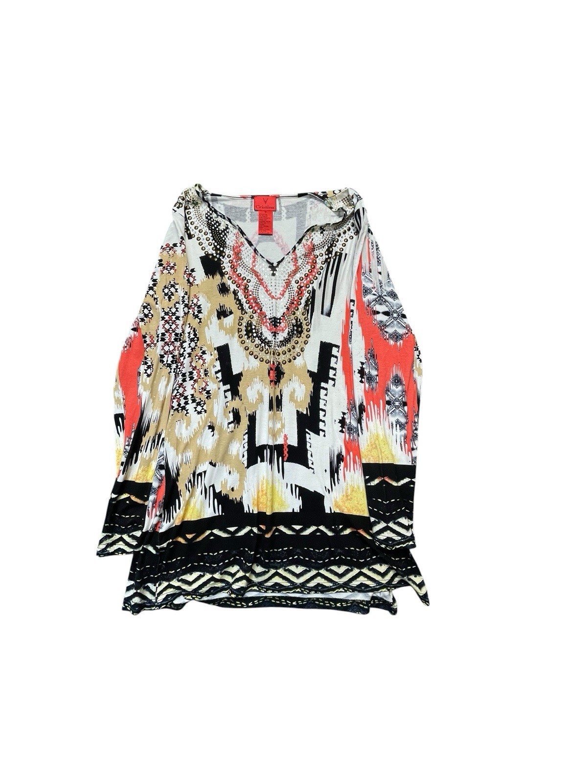 V Cristina Women’s V-Neck Long Sleeve Embellished Print Tunic Top M