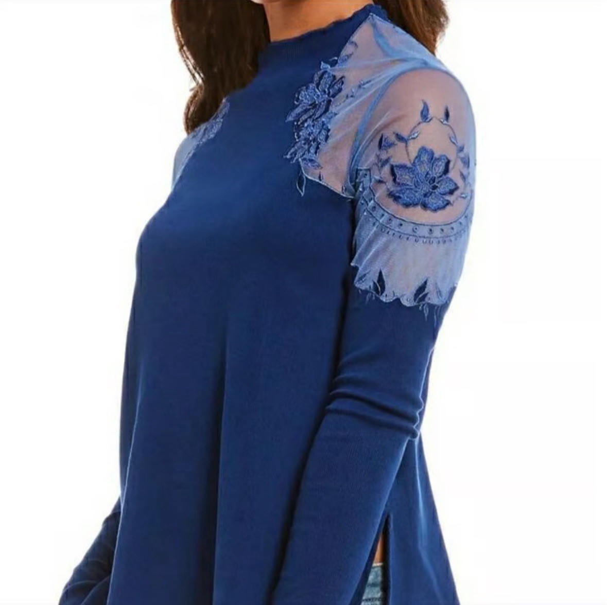 Free People Daniella lace shoulder a-line side slits long sleeve crew Top Size M