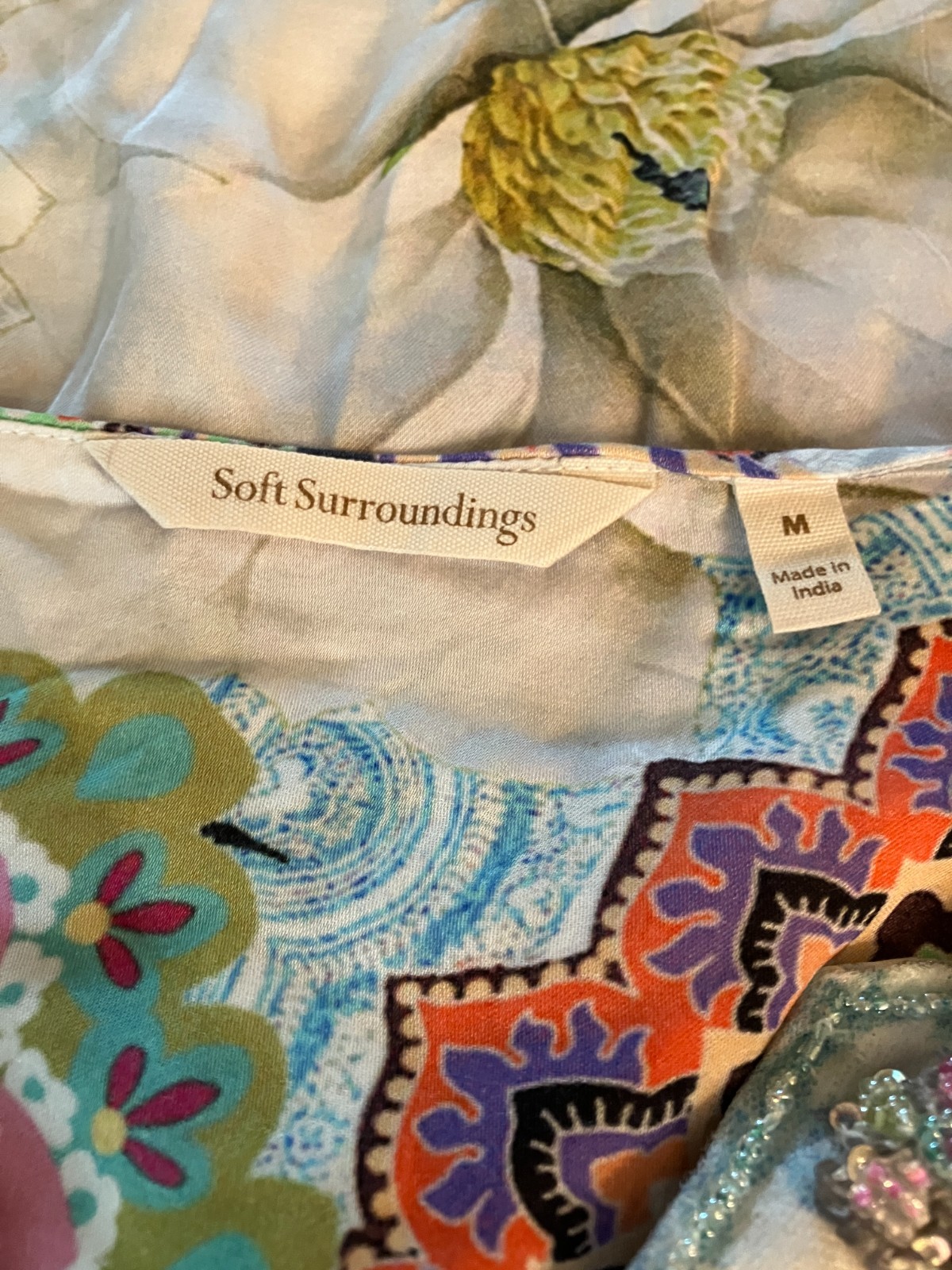 SOFT SURROUNDINGS~Aquatic Blue Floral~Embellished~BOHO/Whimsical Tunic Blouse ~M