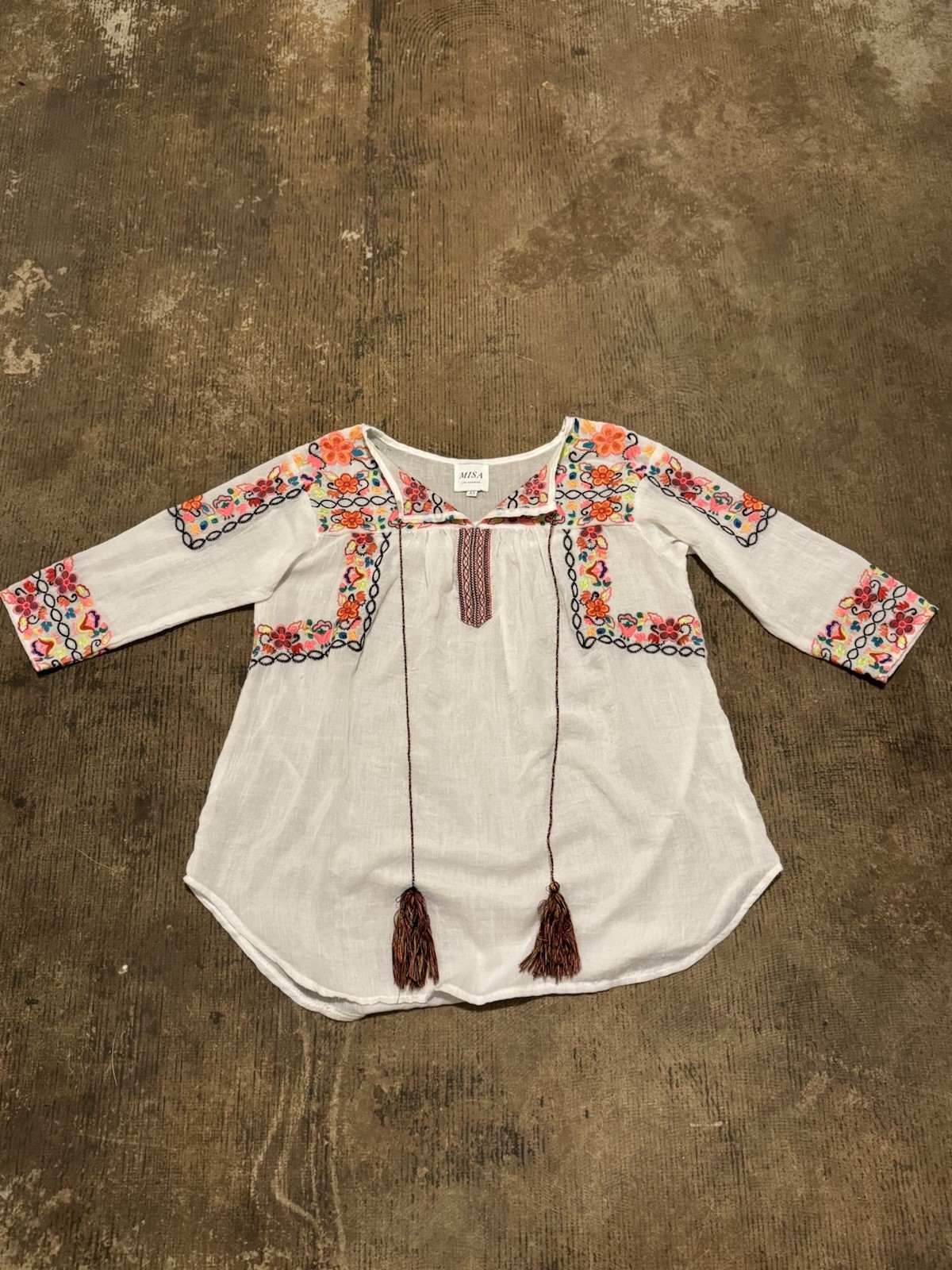 MISA Los Angeles Embroidered Off The Shoulder Tunic Top Blue White Tassel XS