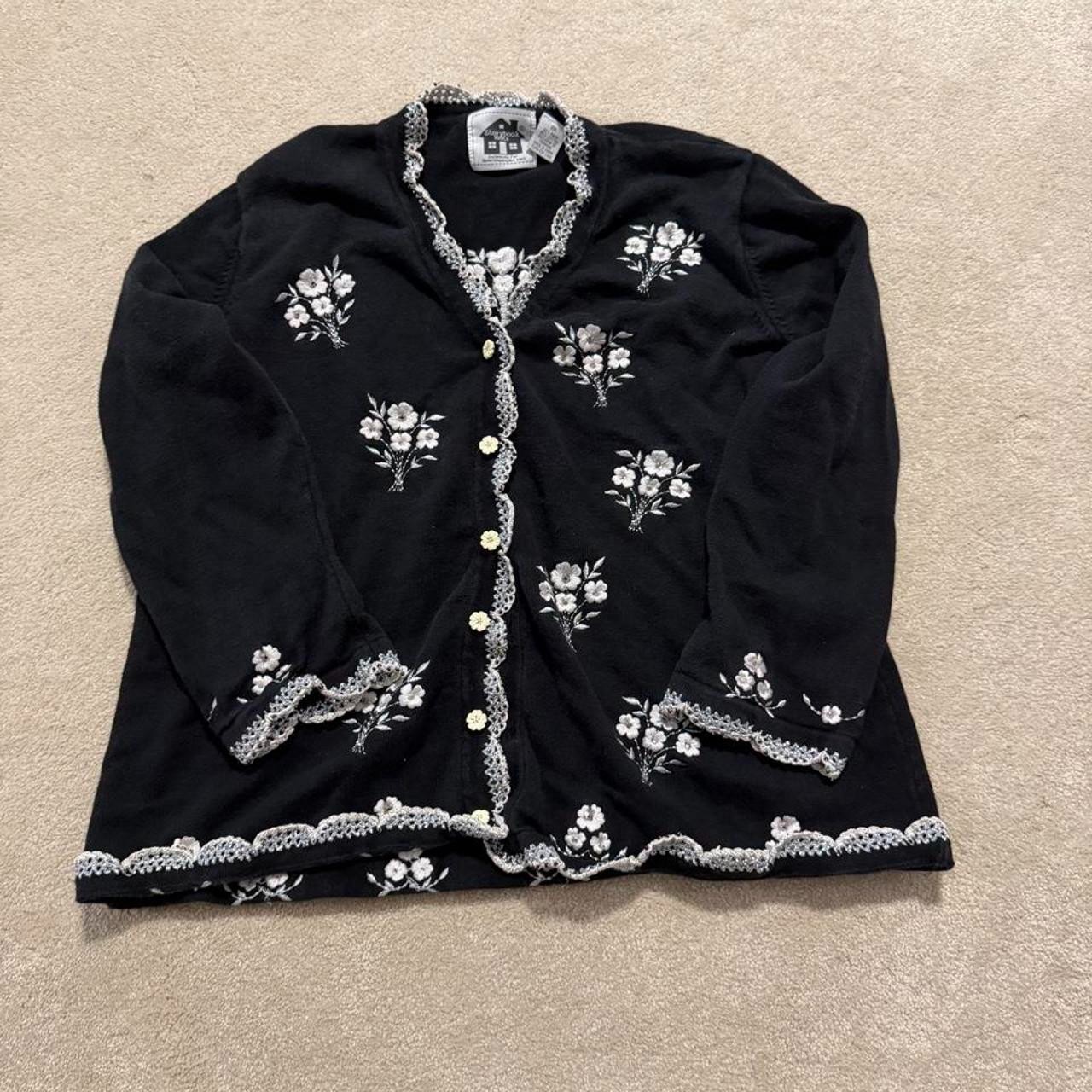 Black Floral Embroidered Beaded Cardigan Women 2X Ramie Cotton