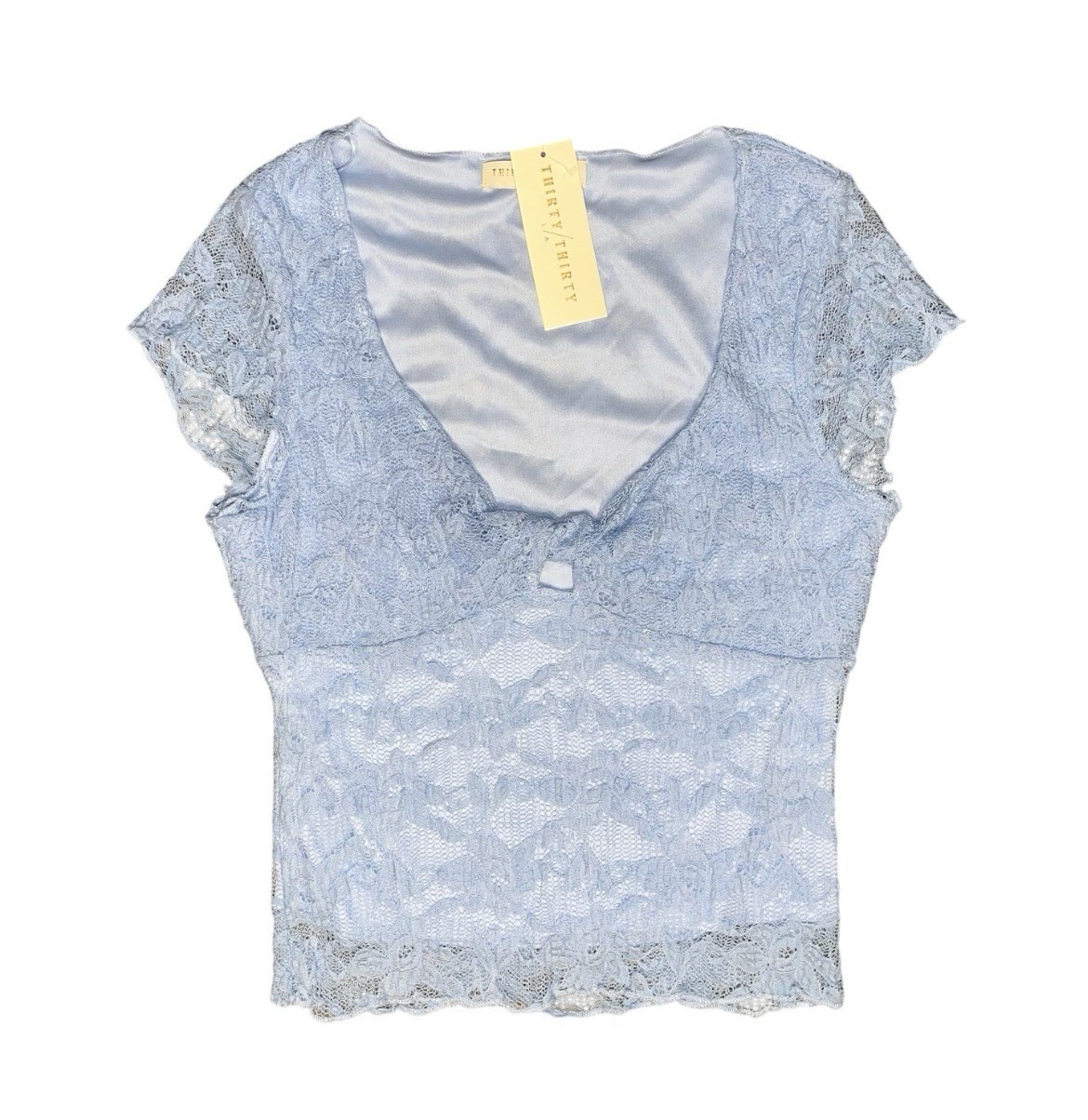 Thirty Thirty LA Blue Floral Fit Eyelet Lace Top V Neck Keyhole NWT Large