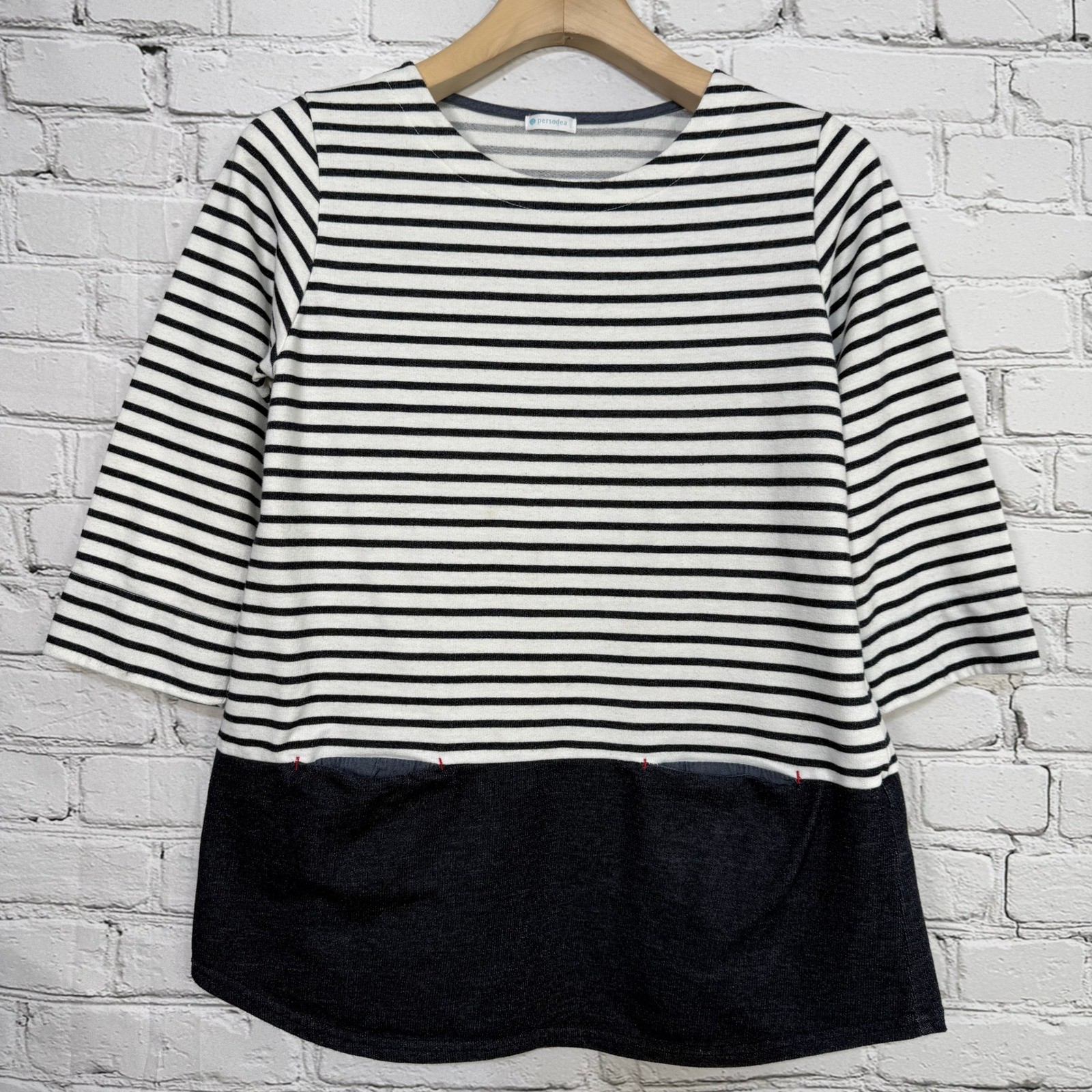 Persodea Womens Striped Top L Black White Block Colorblock 3/4 Sleeve Pockets