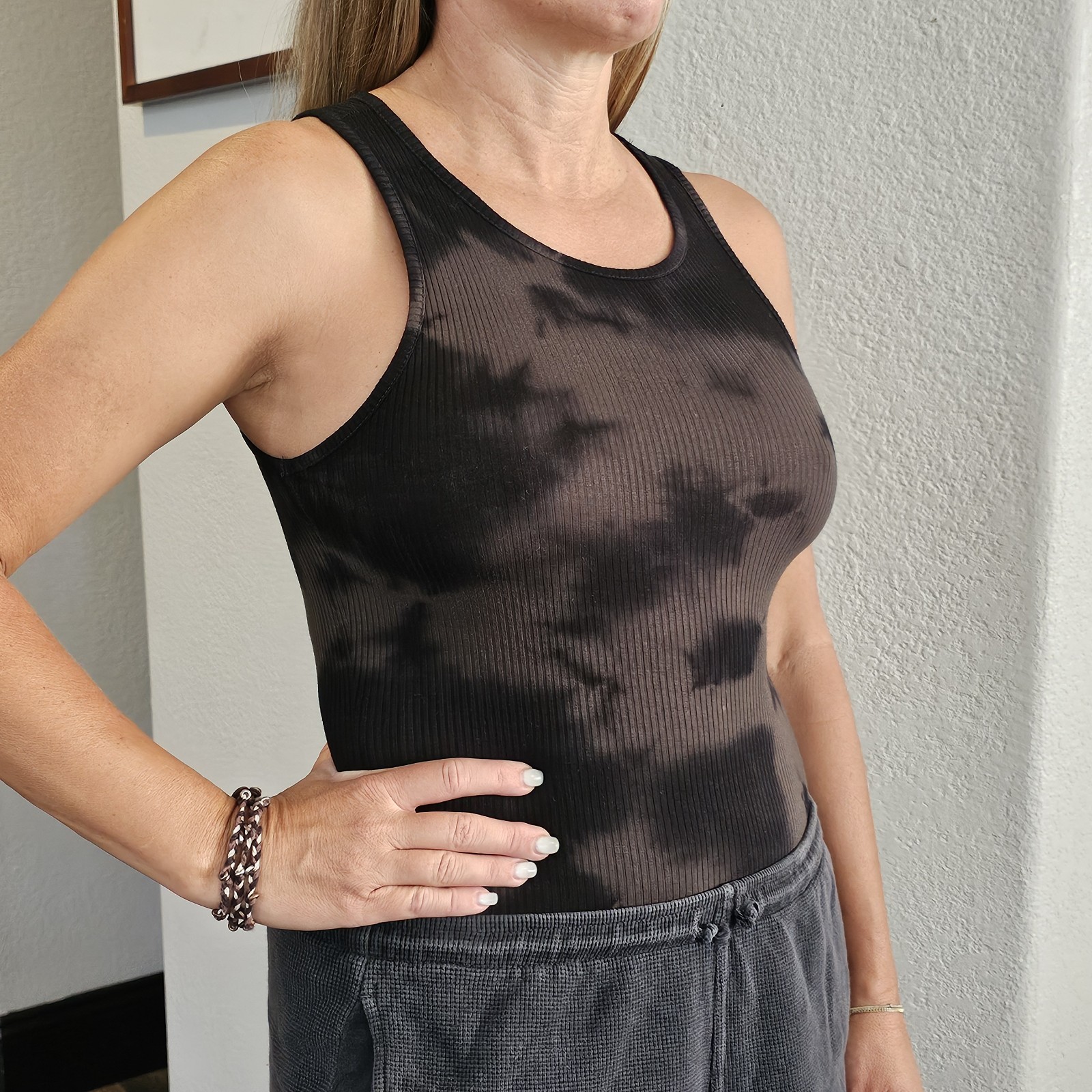 Super Cute & Sexy Forever 21 Black Olive Tie Dyed Ribbed Bodysuit Small Hippie.