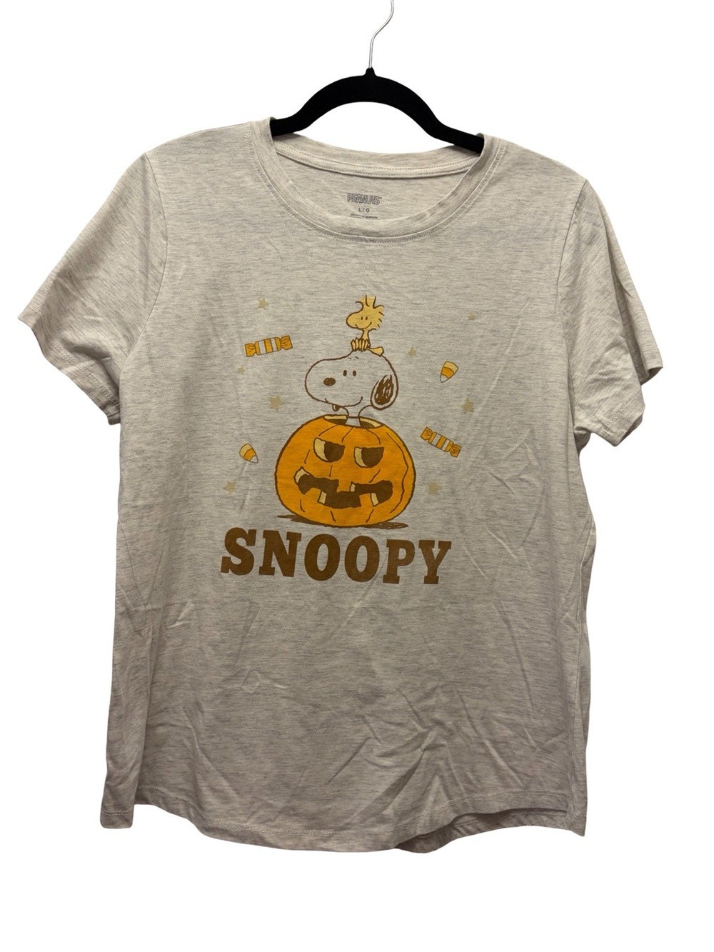 Peanuts Snoopy Pumpkin Graphic T Shirt Womens L Gray Halloween Short Sleeve