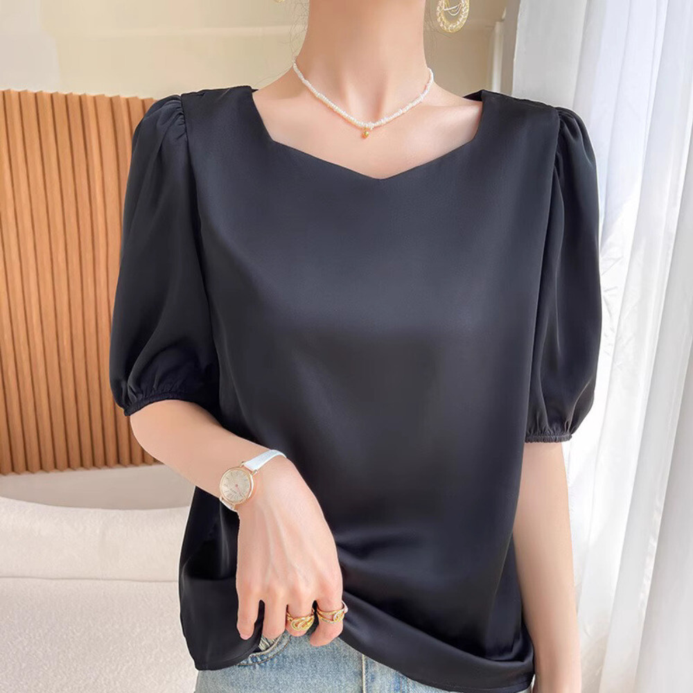 Women Formal Satin Faux Silk Shirt Tops Short Sleeve Tee Shirt Blouse Casual