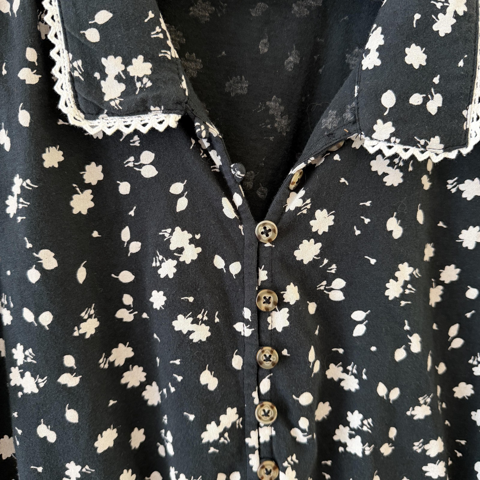 Maeve Anthropologie Floral Button Up Top L Black Smocked Waist Lace Cottage
