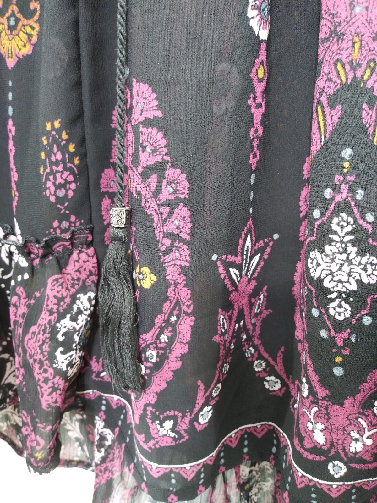 Knox Rose Women’s Size S Boho Tunic Sheer Tassel Ruffle Velvet Black Lace