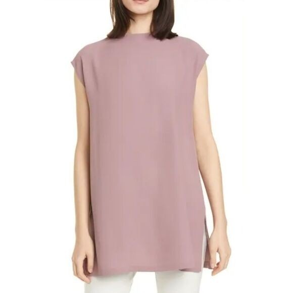 EILEEN FISHER Funnel Silk Box Top Tunic Small Mauve Silk Georgette Sleeveless
