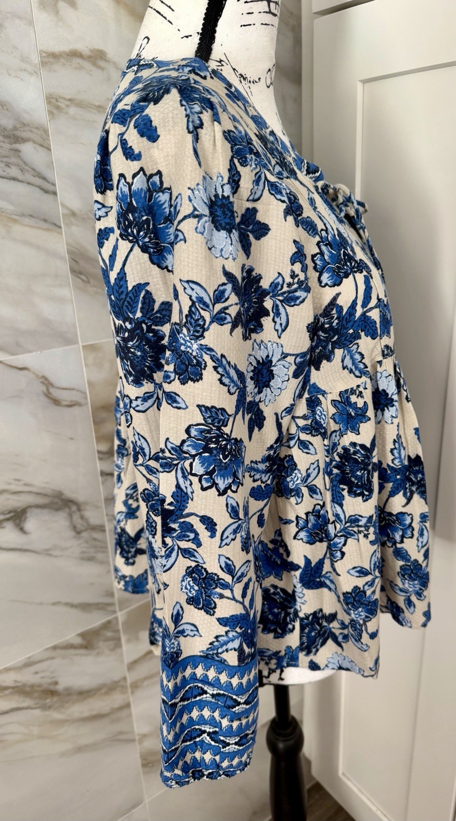 Lucky Brand Blue Floral Peasant Boho Blouse Tassel Babydoll S Balloon Sleeves