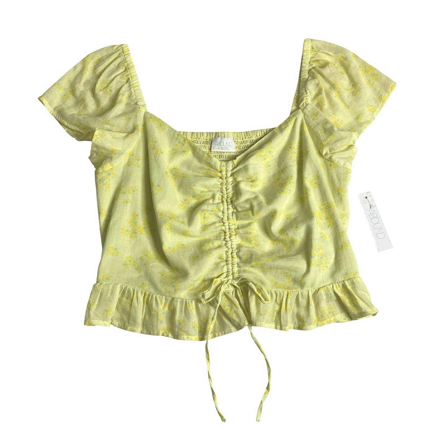 Abound Top Womens M Yellow Floral Ruched Crop Milkmaid Cottagecore Smocked Back