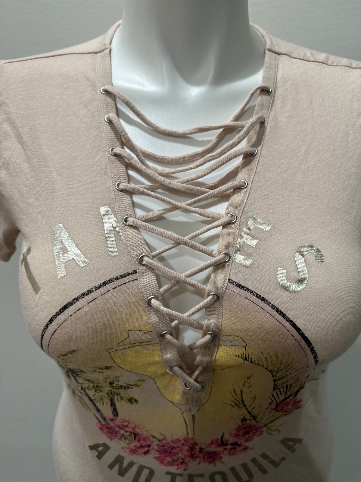 Express One Eleven Pink Tamales &Tequila Pink Shirt V Neck Low Cut Draw String S