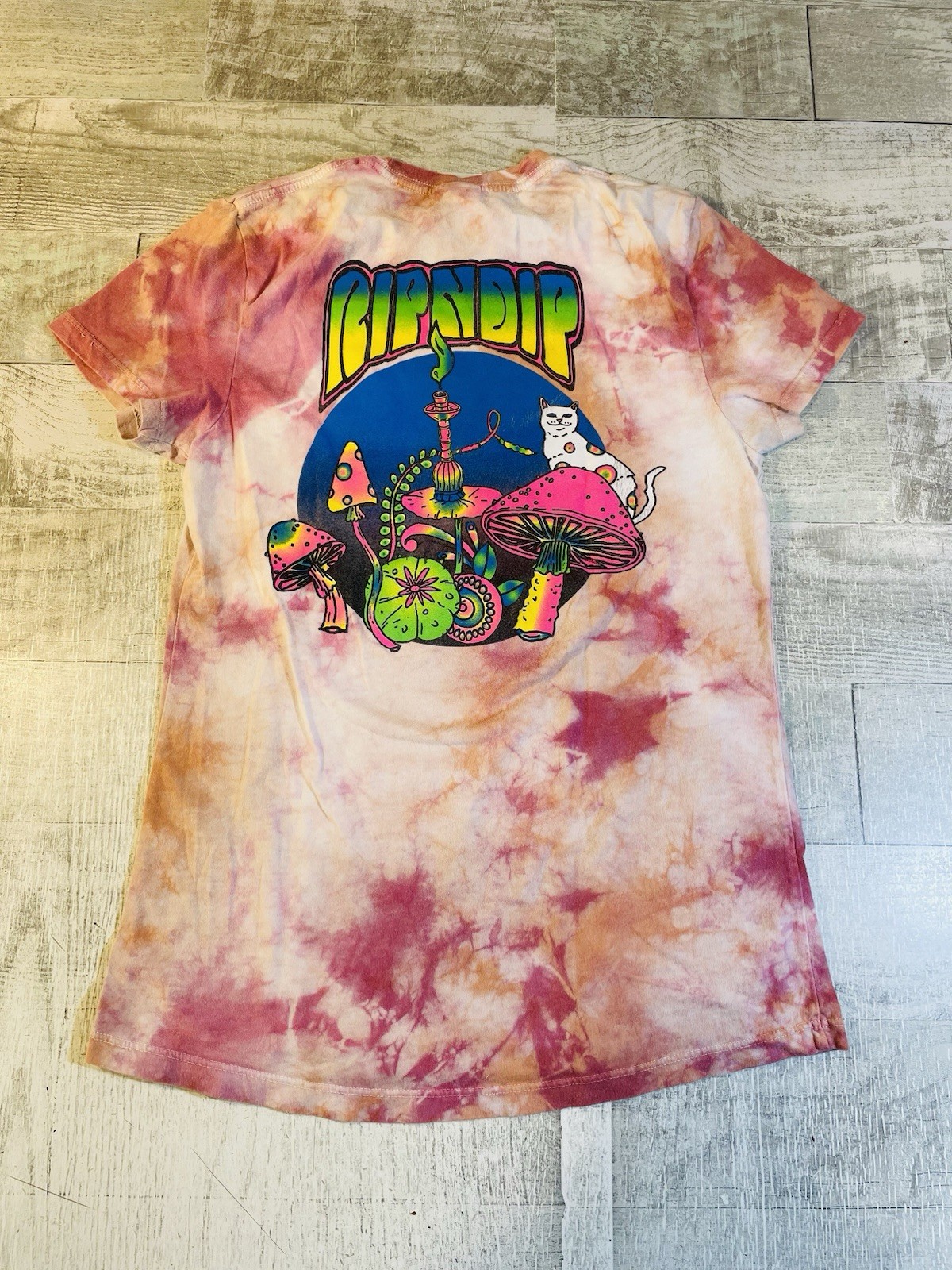 Rip N Dip T Shirt Womens Medium Purple Pink Cat Mushroom Tie Dye Psychedelic