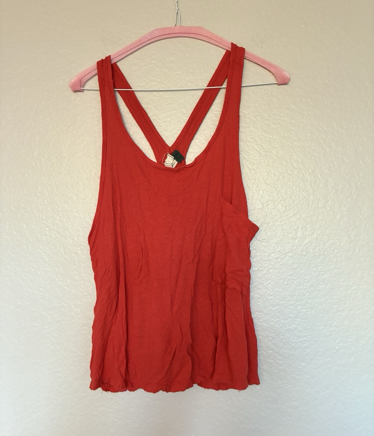 We The Free Coral Orange Ribbed Linen Blend Cross-Back Tank Top One Size Workout
