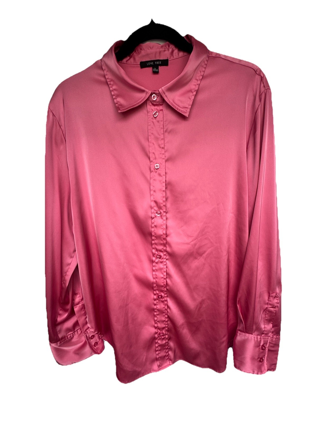 Love Tree Pink Solid Satin Collared Long Sleeve Button-Up Blouse Top Size L