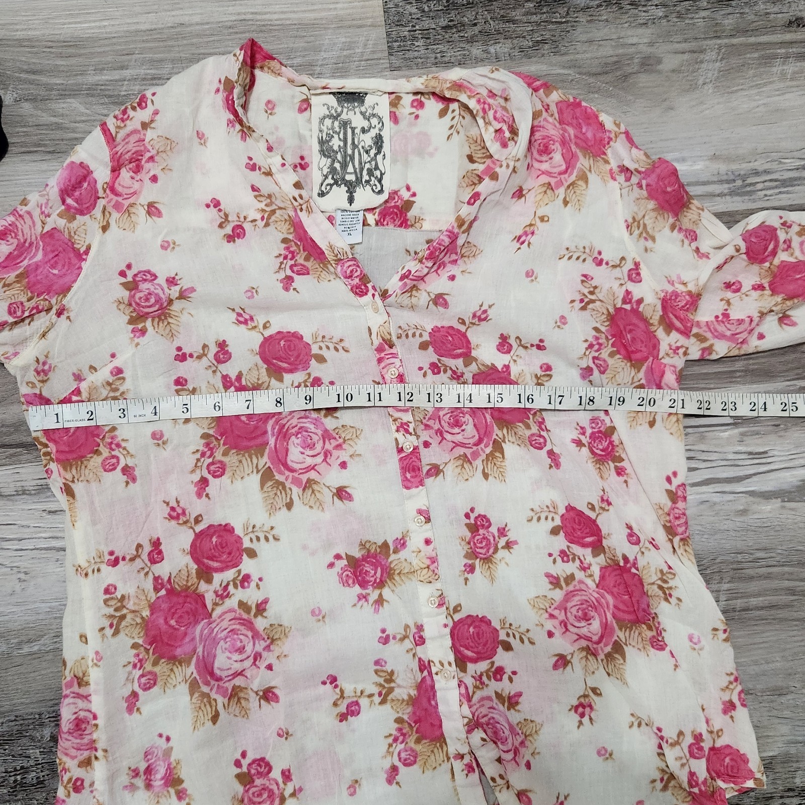 Jak Blouse Extra Large Pink Floral Button Down V Neck 100% Cotton USA Made