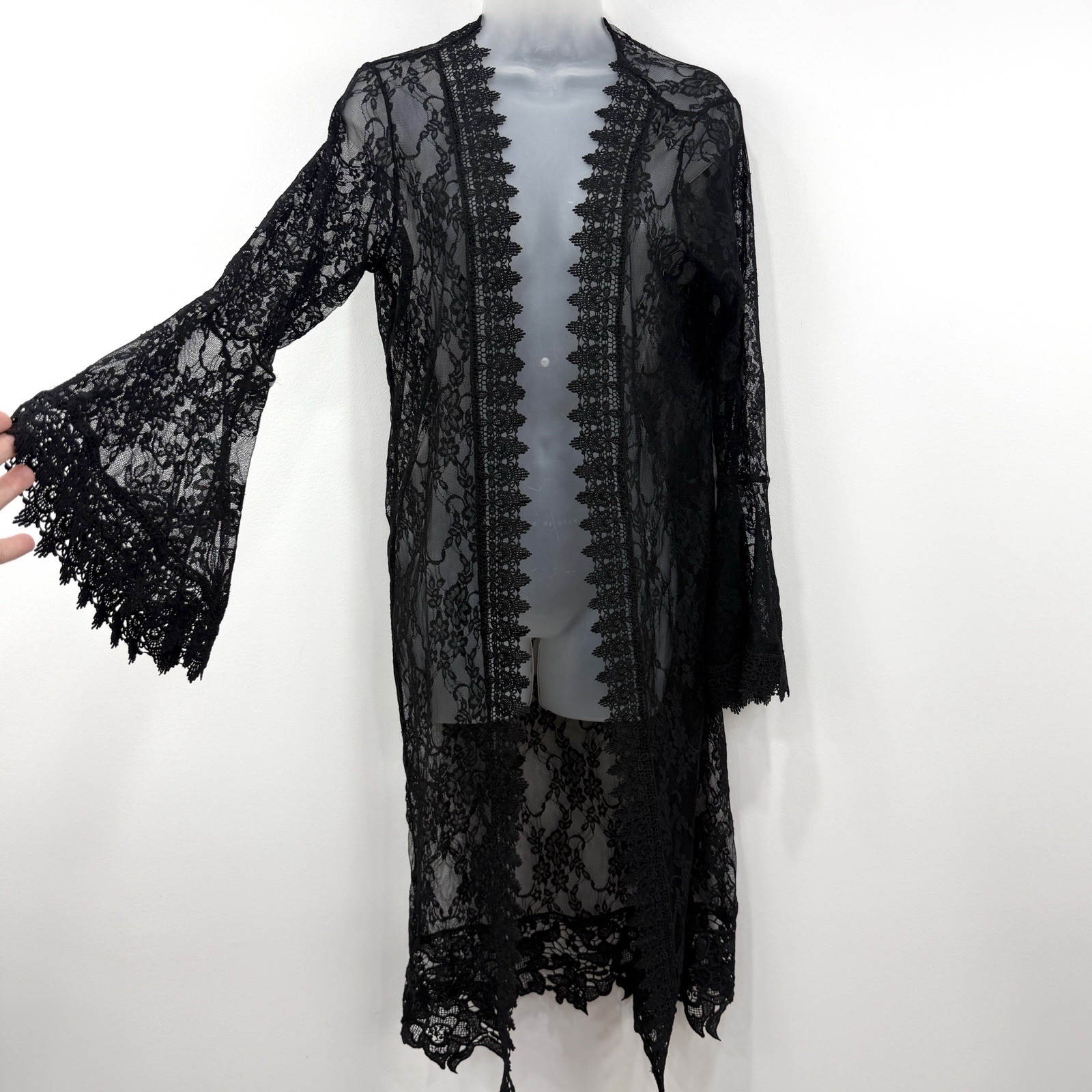 Polly & Esther Black Lace Duster Cardigan M Whimsigoth Fairy Grunge Witchy Sheer