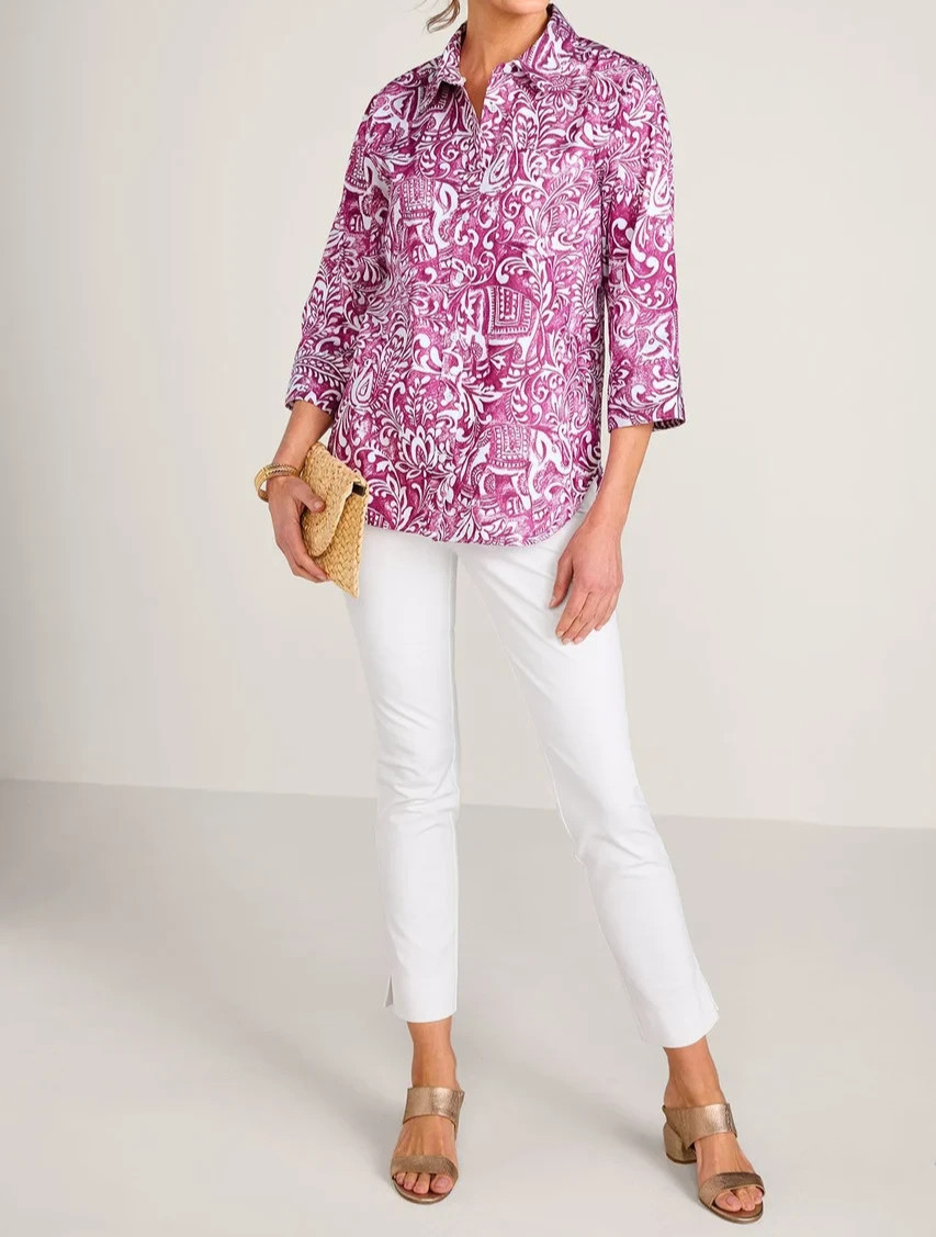 Soft Surroundings Easy Care Stretch Woven 3/4 Sleeve Big Shirt Berry Floral Sz L