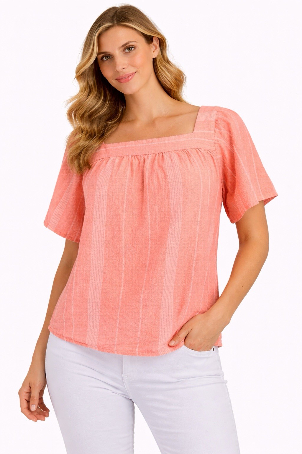 Sonoma Goods For Life Women 1X Coral Striped Cotton Blouse Short Sleeve Top