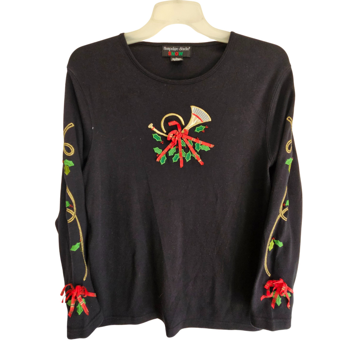 Hampshire Studio Snow Christmas Top Women XL Black Long Sleeve French Horn Holly