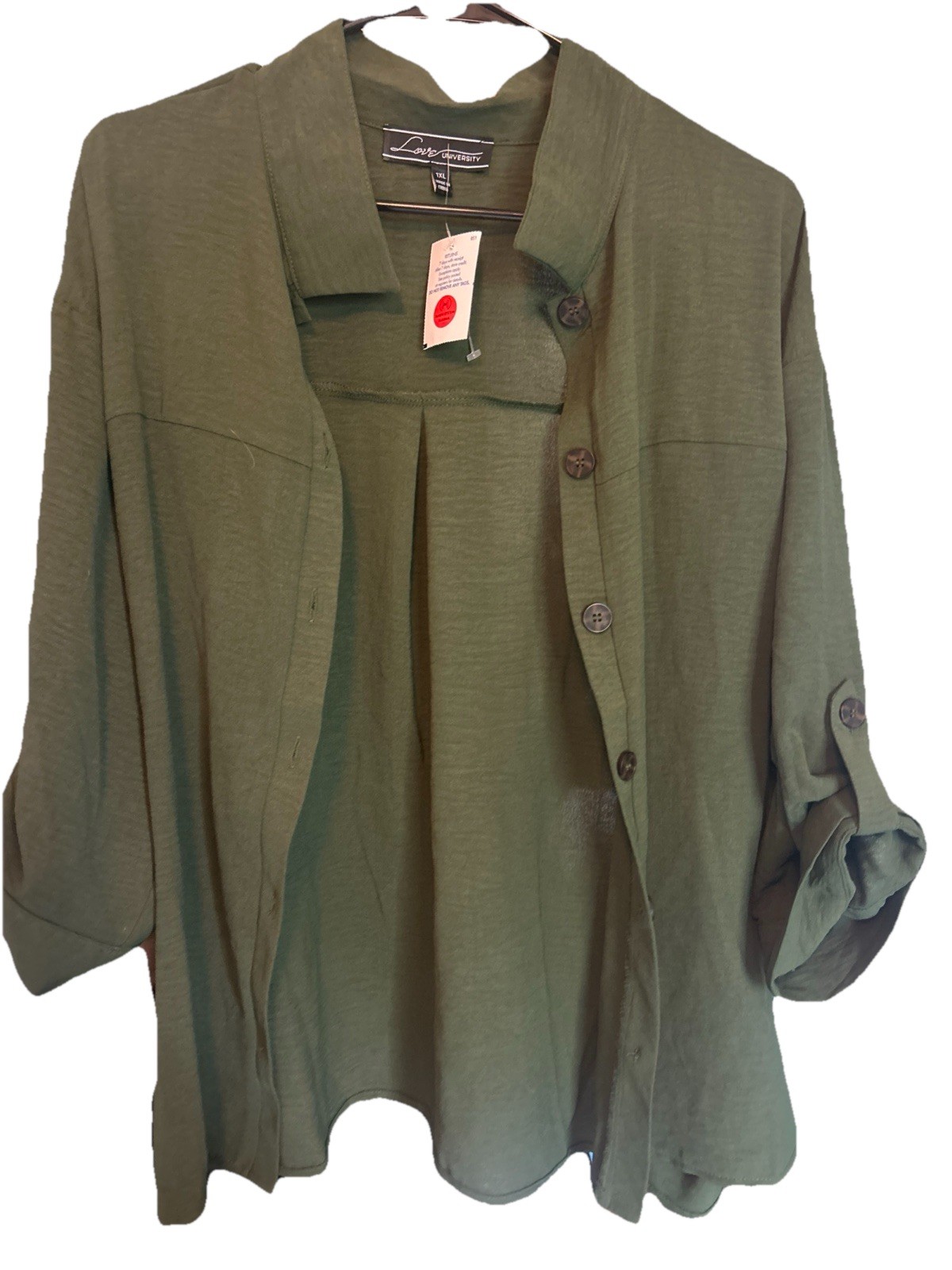 Love University Womens 1XL Olive Green Utility Jacket Shirt Blouse Roll Tab NWT