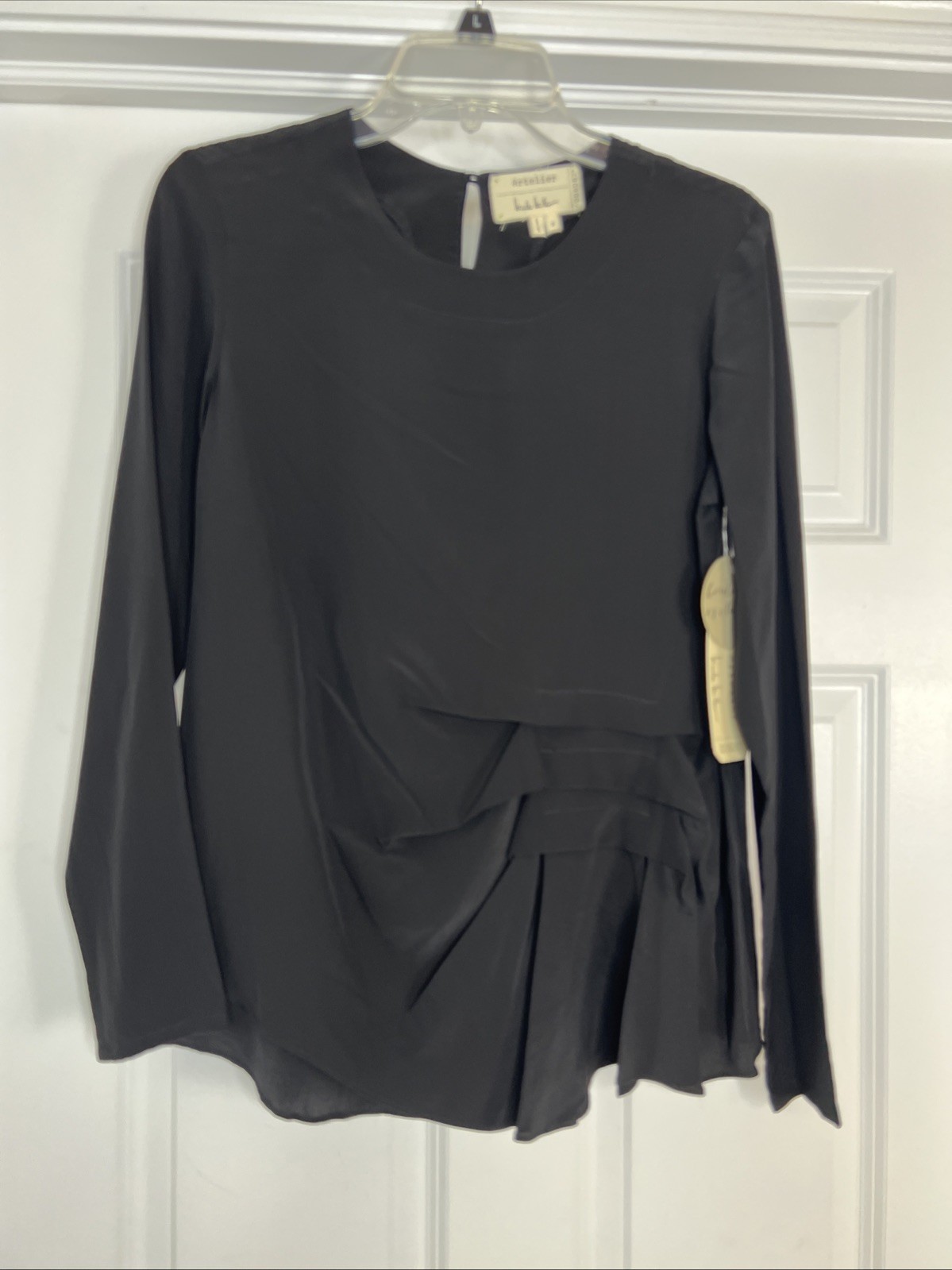 Nicole Miller 100% Silk Blouse S Black Long Sleeve Pleated Career Artelier New