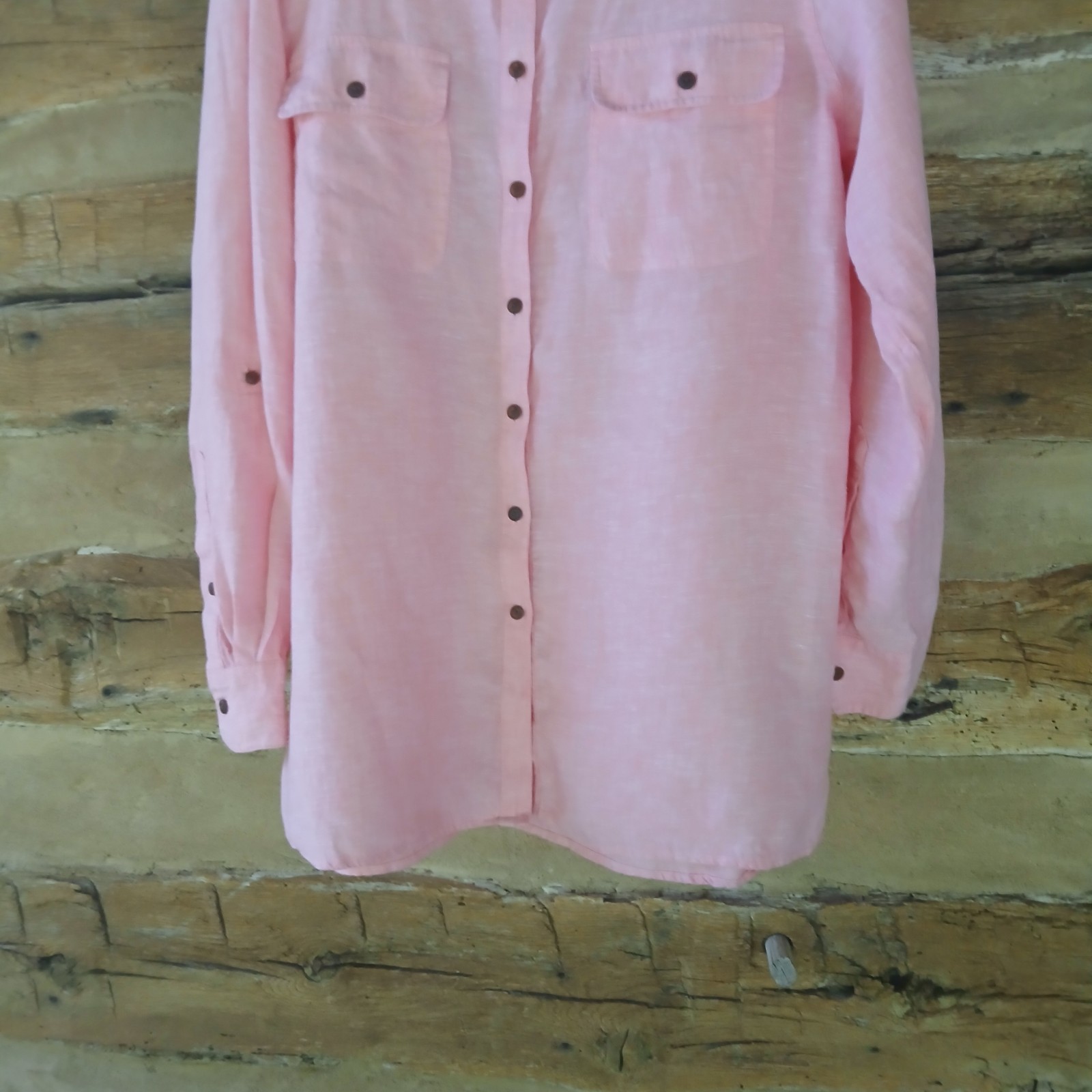 Lands’ End Women’s Shirt Long Sleeved Button Up Linen Peach Pink Large (14-16)