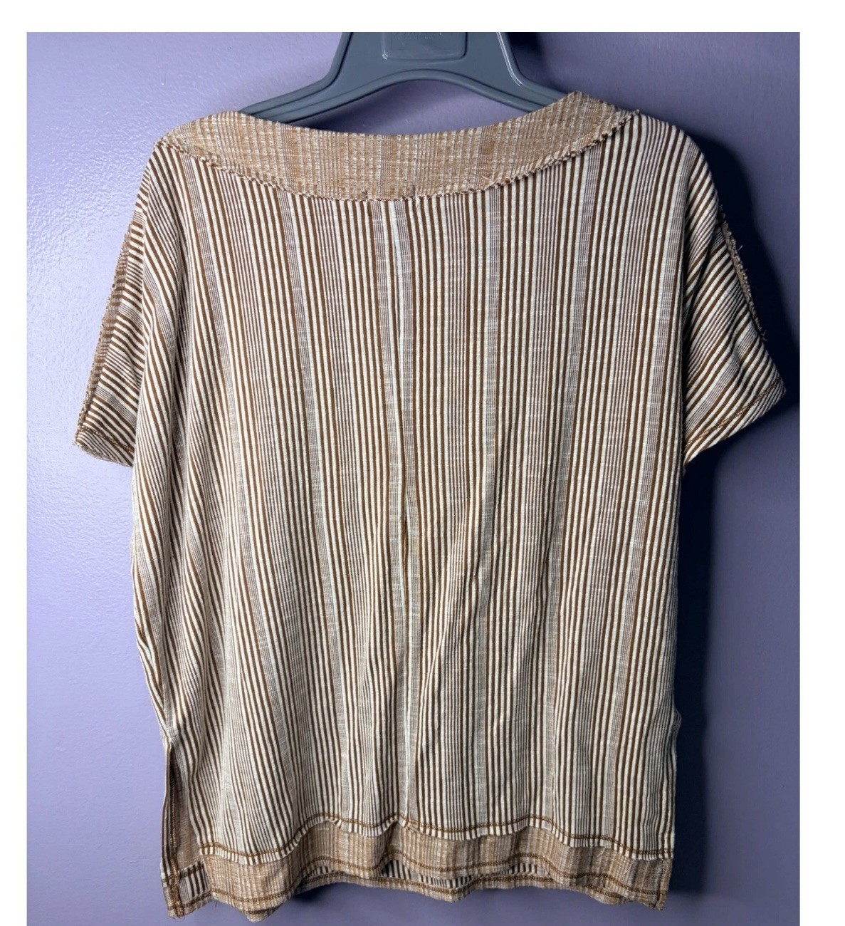 BKE Womens Brown White Striped Boat Neck Button Shoulder Top Size S Short Sleeve