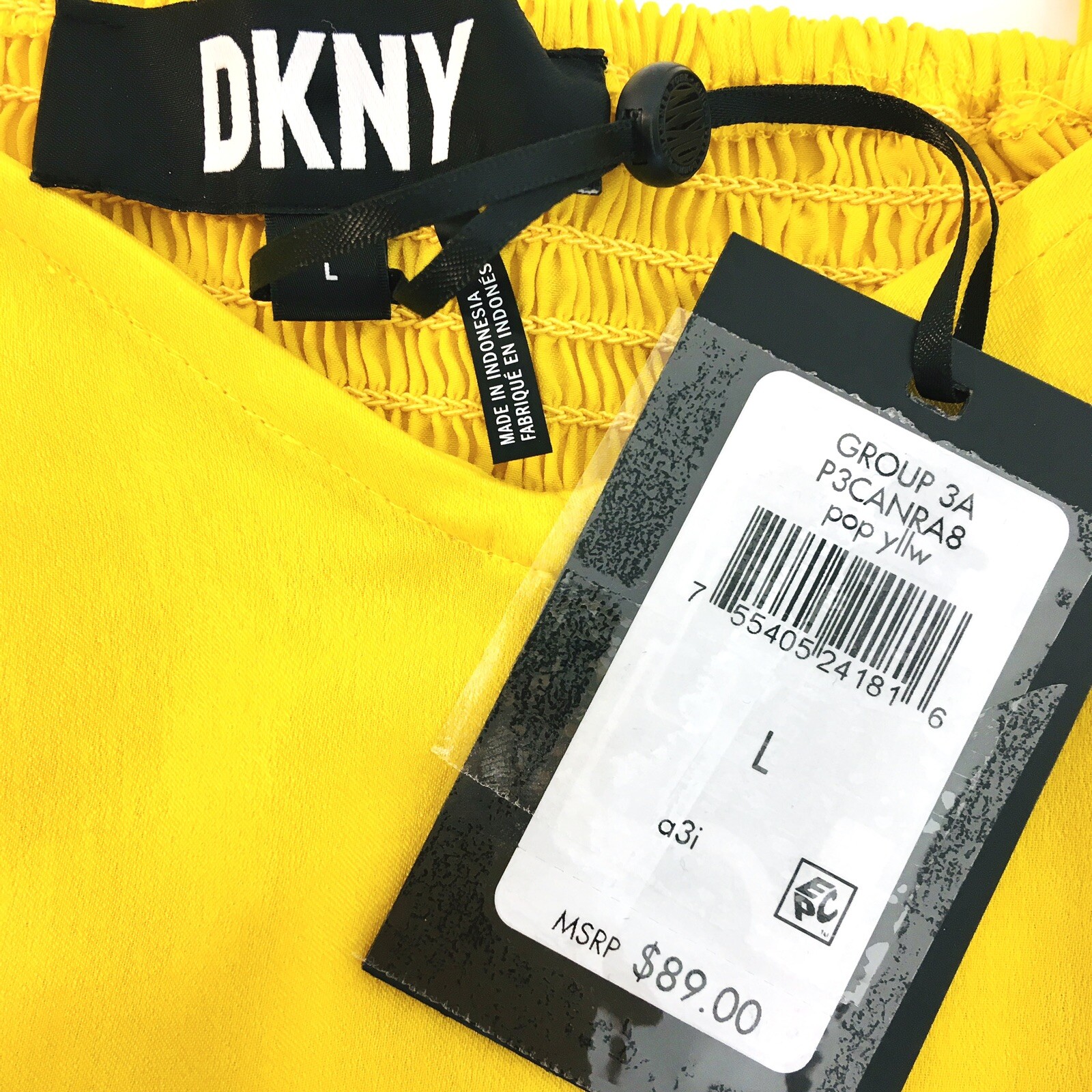 DKNY Off Shoulder Satin Top Sz L Smocked Back Adjustable Straps NWT